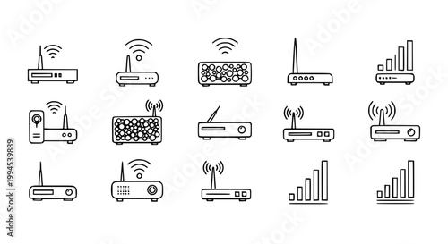 Minimal router and network device outline icon set with WiFi modem and internet connection vector illustration