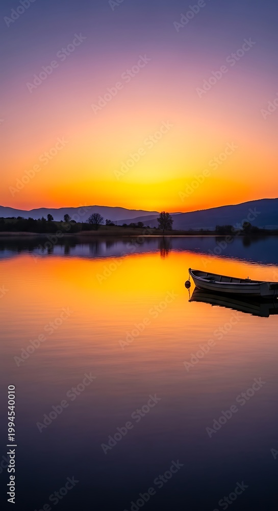 Obraz premium A serene lone boat floating on a calm lake during a vibrant golden hour sunset.