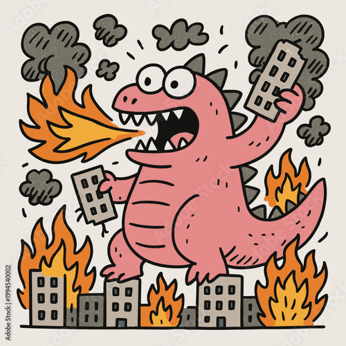 Playful hand-drawn cartoon illustration of a cute chubby monster destroying a city