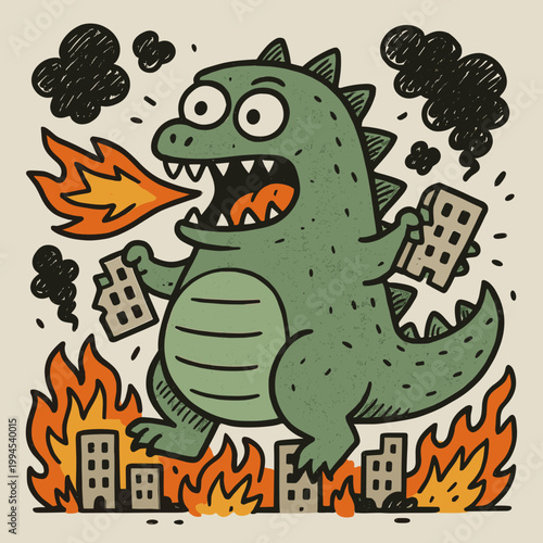 Playful hand-drawn cartoon illustration of a cute chubby monster destroying a city