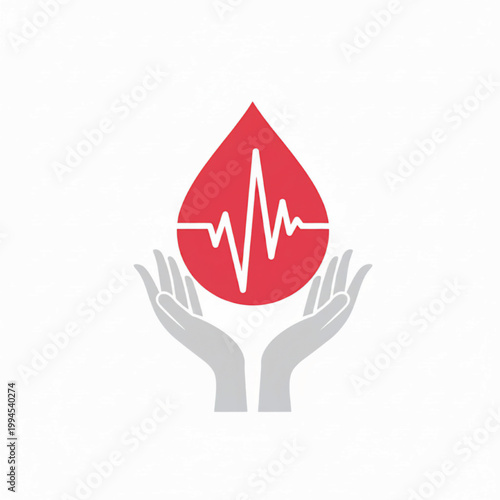 Heart pulse medical symbol with red drop and stethoscope-style waveform held by care hands featuring first aid, healthcare, donation with life saving
