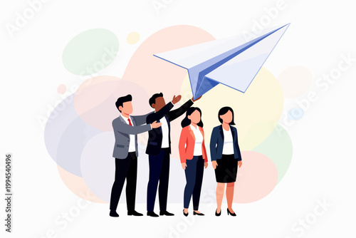 Business team launching large paper airplane for startup success