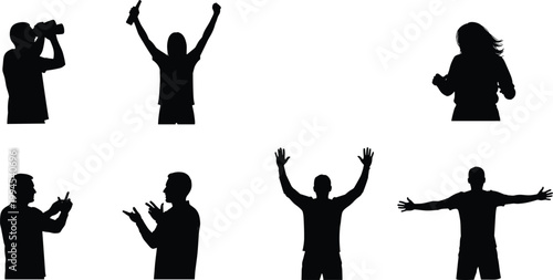 Silhouette set of people cheering clapping and celebrating with raised arms in expressive poses isolated on white background celebration concept