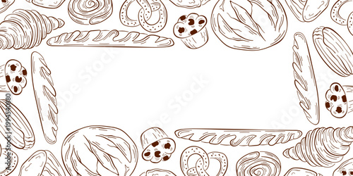 Frame with line art style bakery product including bread, baguette, croissant and pretzel. Illustration background for cafe menu, packaging and textile design.