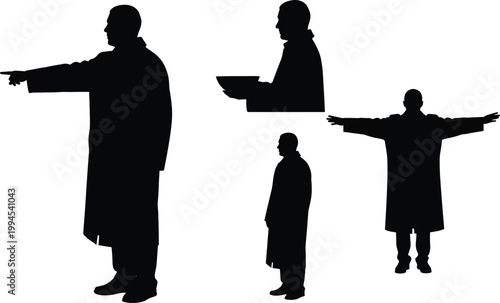Silhouettes of men in long coats with outstretched arms and holding objects isolated on white background conceptual human poses