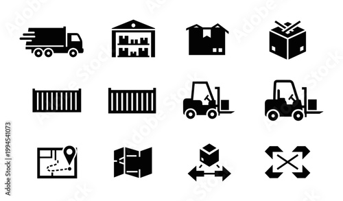Logistics and delivery icon set, solid black silhouette warehouse symbols, white background