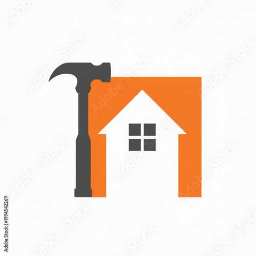 Hammer and house home repair icon with orange background symbolizing DIY building maintenance work featuring construction, property, real estate with