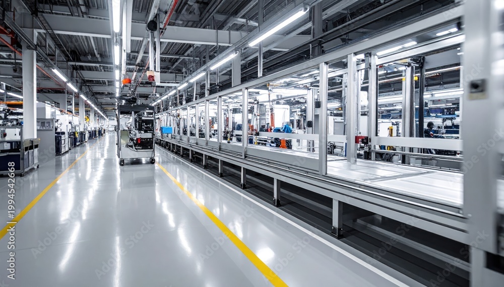 Fototapeta premium Modern Factory Interior with Assembly Line and Bright Lighting.