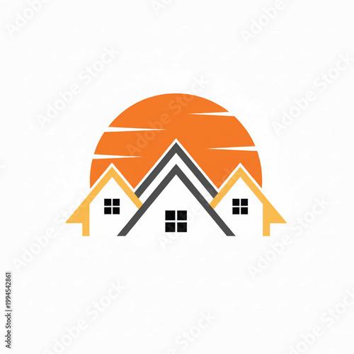 House roof icon with orange sun glow and black windows for handmade home design and branding featuring window squares, graphic logo, minimal