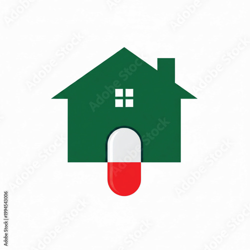 House home icon with green roof and red door block, simple flat design for safety, real estate, and shelter concepts