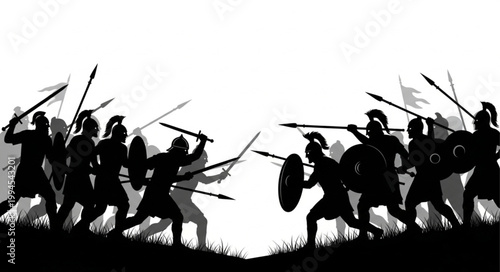 Ancient Warriors Silhouette Battle Scene.