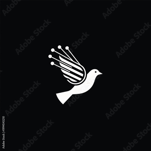 Bird feather icon with stylized wing lines and circular nodes for handmade project branding and decorative logo