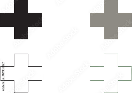 Four crosses in different colors and styles plus signs