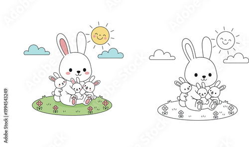 Adorable Cartoon Mother Rabbit with Her Three Babies Outdoors Amidst Flowers, Clouds, and Smiling Sun