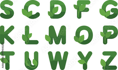 Stylized green alphabet vector set featuring leaf integrated letters S to Z in modern rounded gradient botanical typography design illustration set