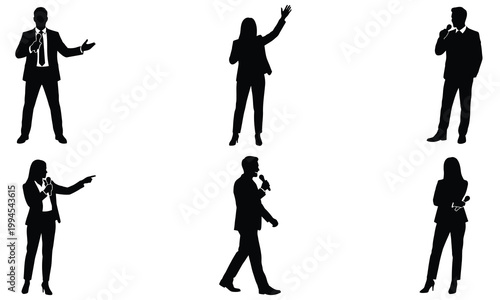Set of professional business people silhouettes in various speaking and presenting poses isolated
