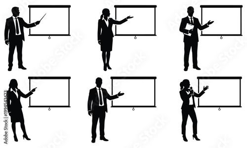 Business professionals presenting on a whiteboard screen in various poses and gestures collection