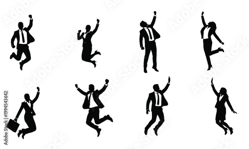 Group of happy business people jumping for joy and celebrating success in silhouette collection