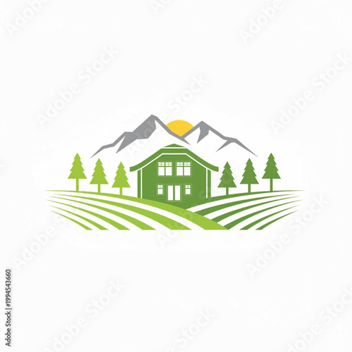 House landscape logo with green fields, pine trees, and mountain peaks under a yellow sun illustration