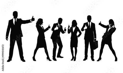 Professional business team giving thumbs up gesture for success and approval in silhouette set