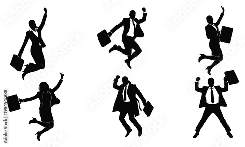 Set of business people silhouettes jumping with briefcases representing success and achievement