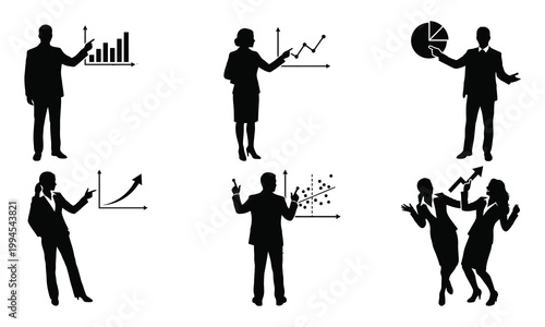 Business people silhouettes presenting data charts and graphs showing corporate growth analysis