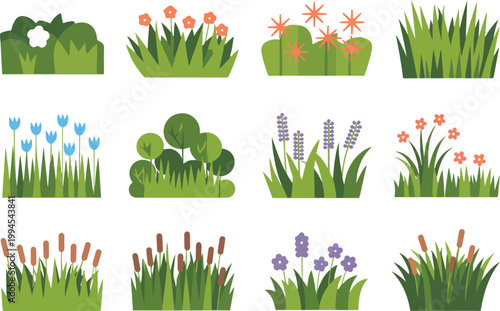 Minimalist garden plant illustration set featuring stylized grasses tulips and flowering foliage arranged in clean decorative grid composition