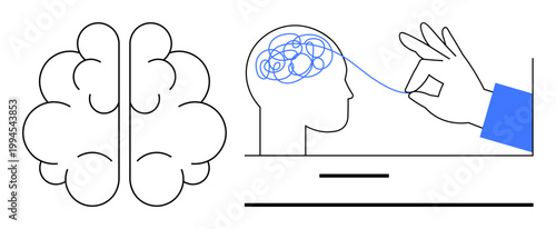 Cognitive enhancement, brain health, psychology, mental clarity, problem solving, neuroscience. A brain and head with hand untangling a knot. Mental clarity and brain health concept