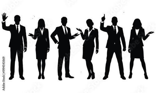 Group of professional business people silhouettes standing in a row isolated on white background