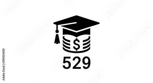 529 Plan Savings Icon: Graduation Cap on Stack of Coins with Dollar Sign