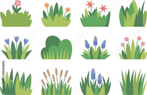 Minimalist garden plant illustration set featuring stylized grasses tulips and flowering foliage arranged in clean decorative grid composition