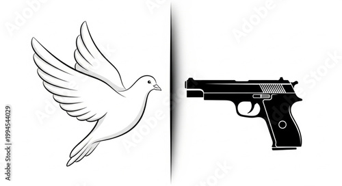 Dove of peace confronting a handgun symbolizing conflict.