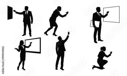 Business people silhouettes writing on whiteboard and digital screens isolated on white background