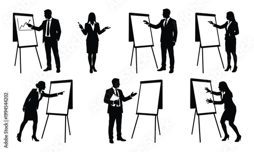 Professional business team silhouettes presenting data on flipcharts and whiteboards in office