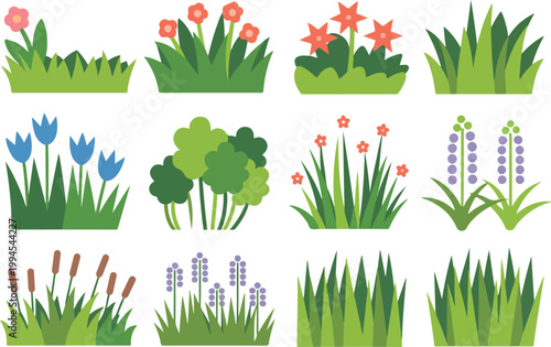 Minimalist garden plant illustration set featuring stylized grasses tulips and flowering foliage arranged in clean decorative grid composition