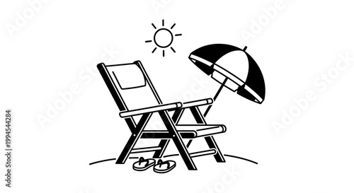 Beach chair with umbrella and flip-flops under the sun - simple line art illustration
