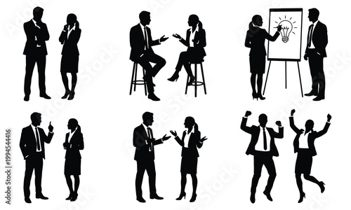 Business team silhouettes brainstorming ideas and celebrating success in a modern office space