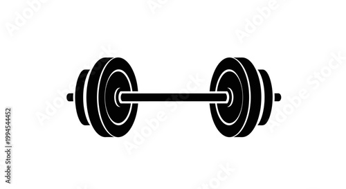 Black barbell icon on white background, gym equipment, fitness symbol
