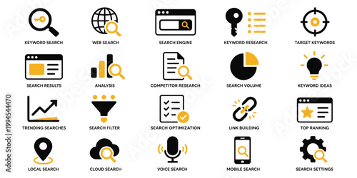 Black and yellow keyword search icon set with SEO tools, analytics and digital marketing elements,  Concept of search optimization, data analysis and online visibility