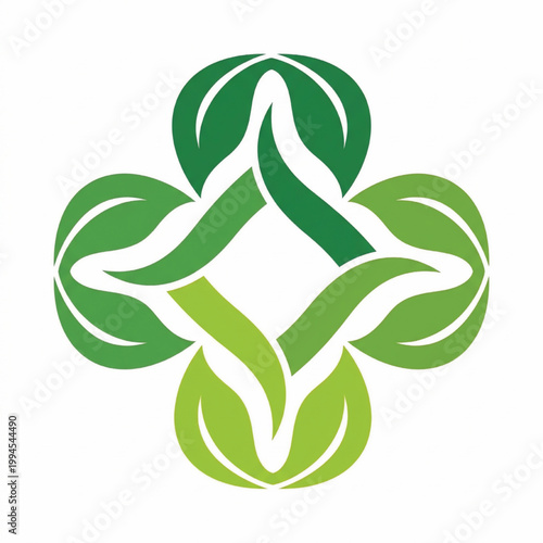 Plant leaf emblem with green and lime gradients, featuring symmetrical four-leaf design for eco branding