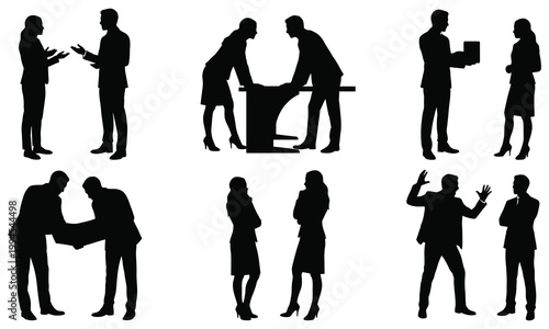 Set of professional business people silhouettes in various office collaboration poses and actions.