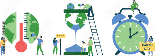 Flat Earth Day illustration featuring climate thermometer globe hourglass planet and clock with people promoting environmental awareness action