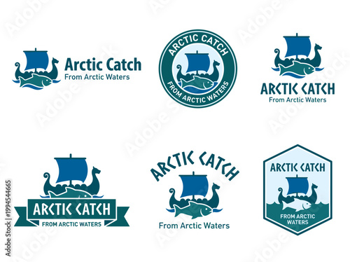 Viking Longboat Logo Set, Arctic Catch Fish Icon: Six Flat Vector Branding Variations