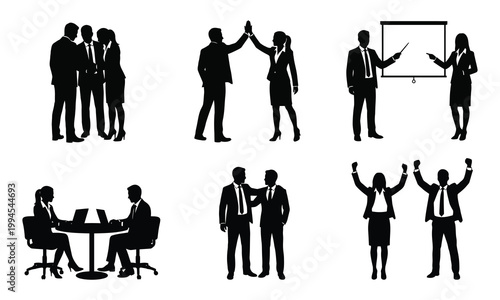 Professional business silhouettes showing teamwork, presentations, and celebrating office success.