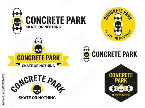 Skateboard logo branding kit: skull wearing headphones, stencil typography, flat vector skate park design.