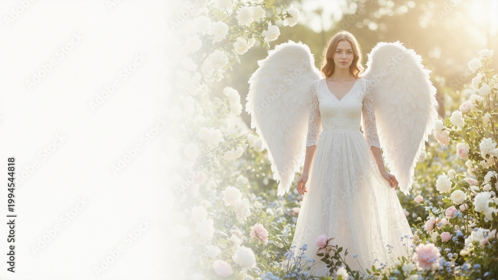 Naklejka premium Angelic woman with white wings in flower garden with copy space. Spiritual banner background. Female angel in white dress