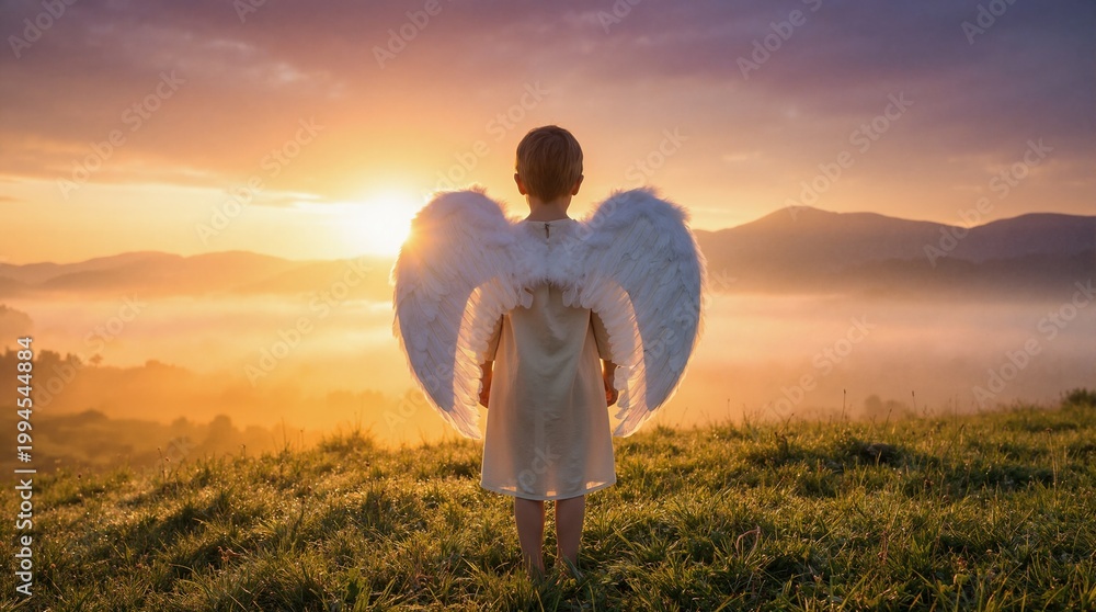 Fototapeta premium Child wearing white angel wings standing on hill at sunrise. Back view of kid with feathered wings looking at misty mountain valley during golden hour. Spiritual and hope concept