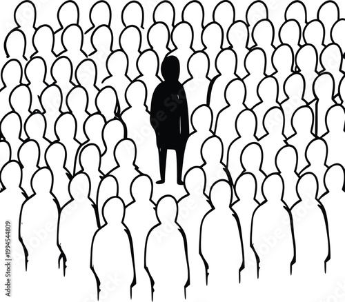 Standing out from the crowd, individuality concept, unique person, black silhouette, white background, vector illustration