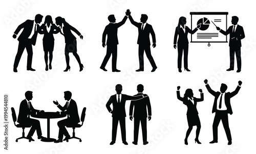 Business silhouettes featuring team meetings, presentations, and successful corporate outcomes.