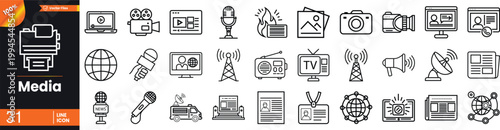 Foto Modern Media Line Icon Set, News and Broadcasting Outline Icons Pack, TV, Radio,